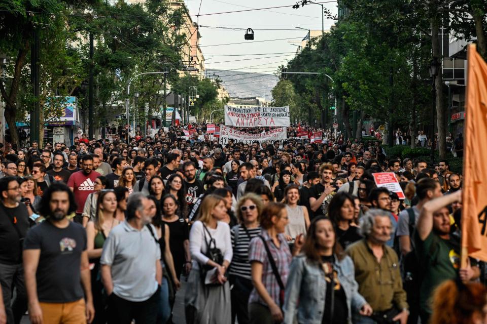 People participate in a demonstration in central Athens on June 15, 2023 following a deadly shipwreck which costed lives of at least 78 migrants off Greek Peloponeese peninsula.