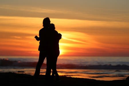A couple embraces as they watch the sun set in Solana Beach, California, U.S., January 4, 2018.      REUTERS/Mike Blake