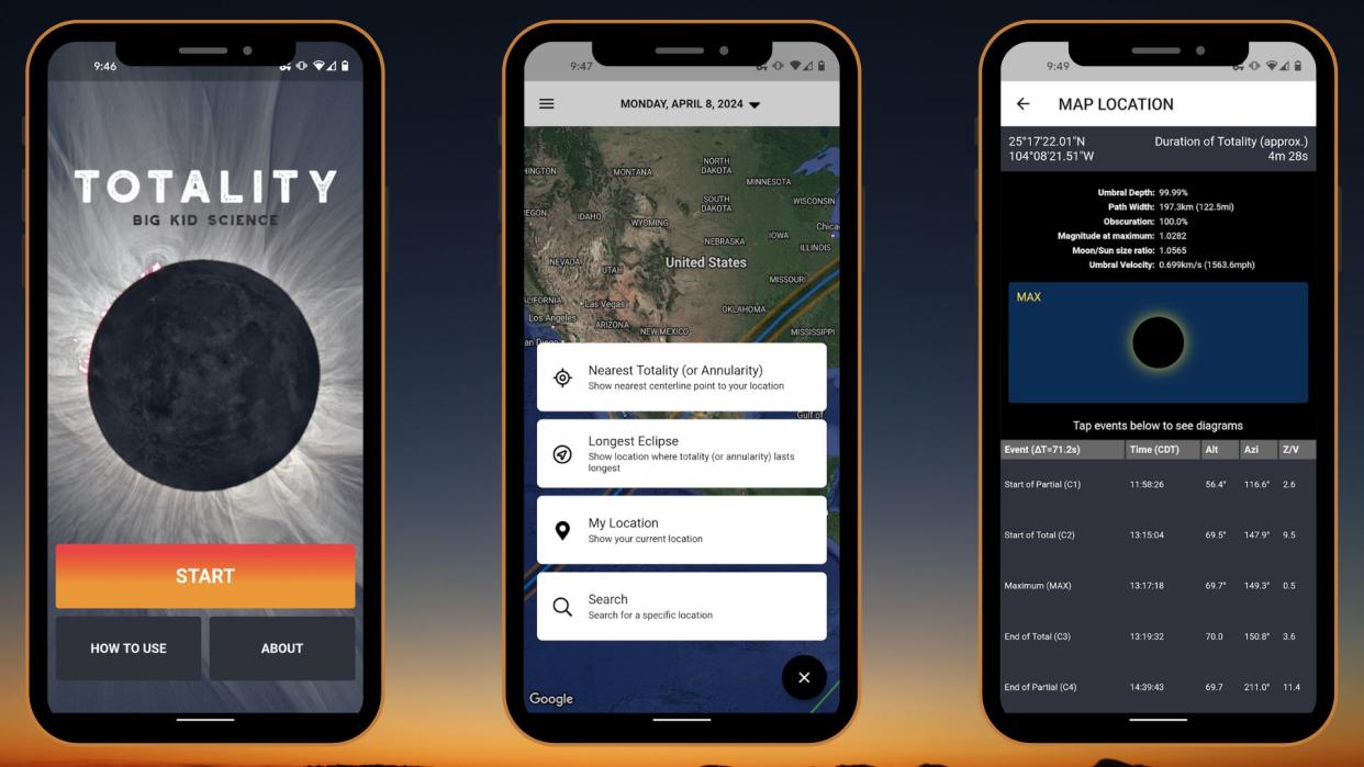  Totality app screenshots showing a map and information about the april 2024 total solar eclipse. 