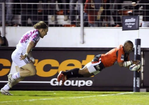 Toulon's flanker Steffon Elvis Armitage scores a try during a European Challenge Cup rugby union match in the French southern city of Toulon. Toulon won 32-29