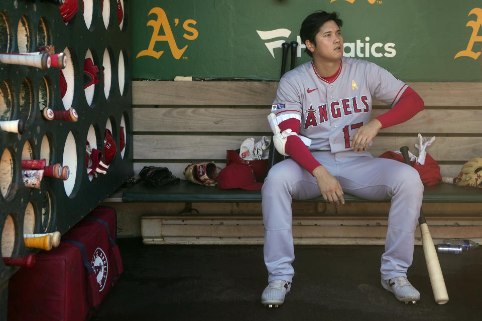 FILE - Los Angeles Angels' Shohei Ohtani before a baseball game against the Oakland Athletics in Oakland, Calif., Sunday, Sept. 3, 2023. Ohtani will miss the rest of the season because of an oblique injury, the team announced, Saturday, Sept. 16, 2023. (AP Photo/Jeff Chiu, File)