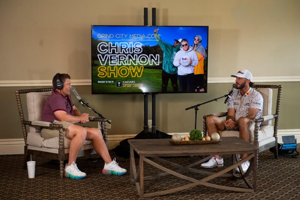 Chris Vernon interviews Max Homa on his podcast the Chris Vernon Show inside the clubhouse at TPC Southwind during the FedEx St. Jude Championship Pro-Am on Wednesday, August 10, 2022, in Memphis, TN. 