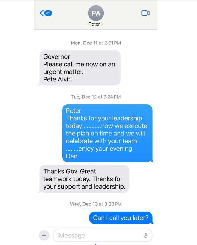 Text messages between Rhode Island Department of Transportation Director Peter Alviti and Governor Dan McKee in the days following the closure of the westbound span of the Washington Bridge