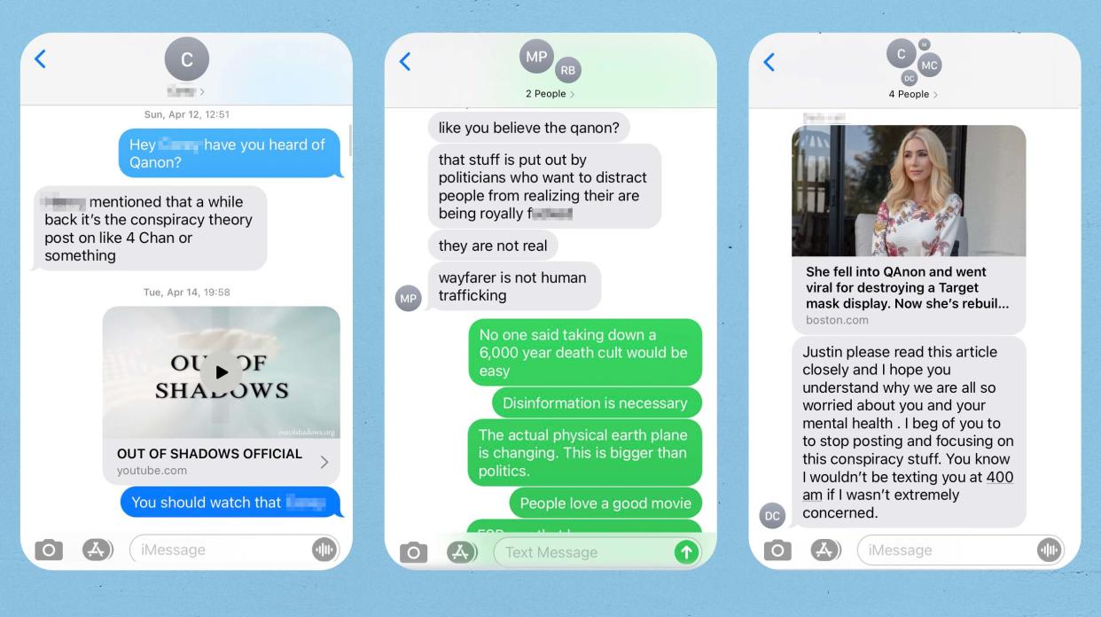 Image: Texts Justin exchanged with family and friends about Q-Anon. (Courtesy of Justin)