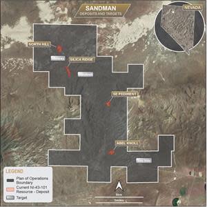 Sandman project location plan, with Mineral Resource Estimate surface projections and target areas.