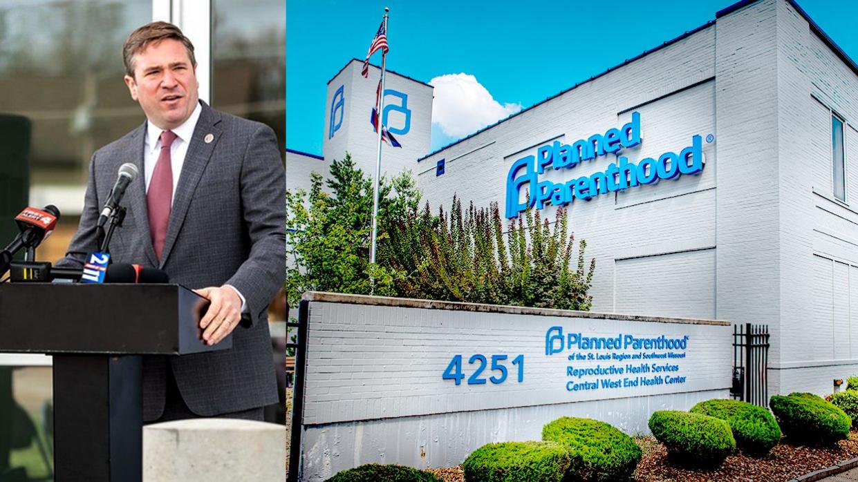 Missouri attorney general Andrew Bailey press conference Planned Parenthood St Louis building exterior