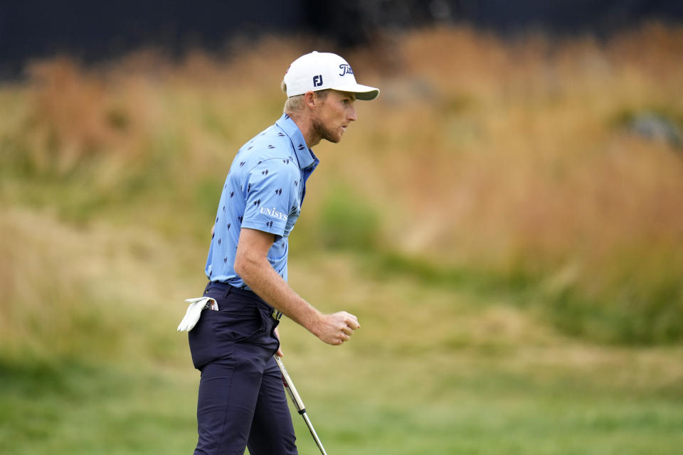 Will Zalatoris reacts after a putt on the 13th hole during the final round of the U.S. Open golf tournament at The Country Club, Sunday, June 19, 2022, in Brookline, Mass. (AP Photo/Julio Cortez)