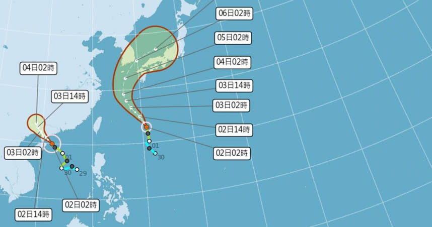 雙颱環伺台灣附近，但都不會直接侵襲台灣。（圖／中央氣象局提供）