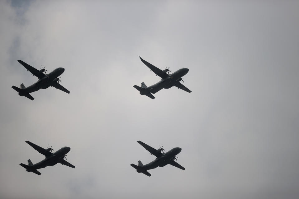 VARIOUS CITIES, MEXICO - SEPTEMBER 16: Mexican Air Force aircrafts perform a ceremonial flight during the Independence Day military parade at Zocalo Square on September 16, 2020 in Various Cities, Mexico. This year El Zocalo remains closed for general public due to coronavirus restrictions. Every September 16 Mexico celebrates the beginning of the revolution uprising of 1810. (Photo by Hector Vivas/Getty Images)