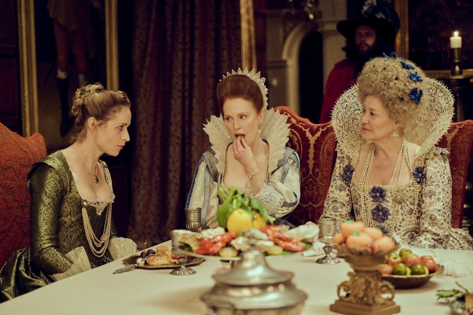 Sandie (Niamh Algar, left), Mary (Julianne Moore) and Queen Anne (Trine Dyrholm) in a scene from "Mary & George."
