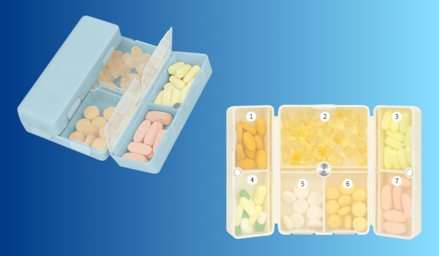 the pill organizer in blue and beige