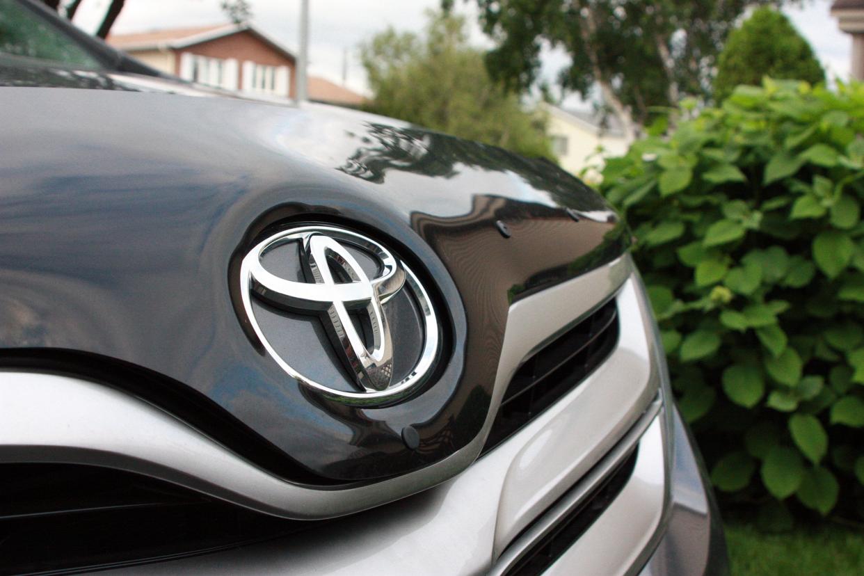 Closeup of Toyota logo on a vehicle