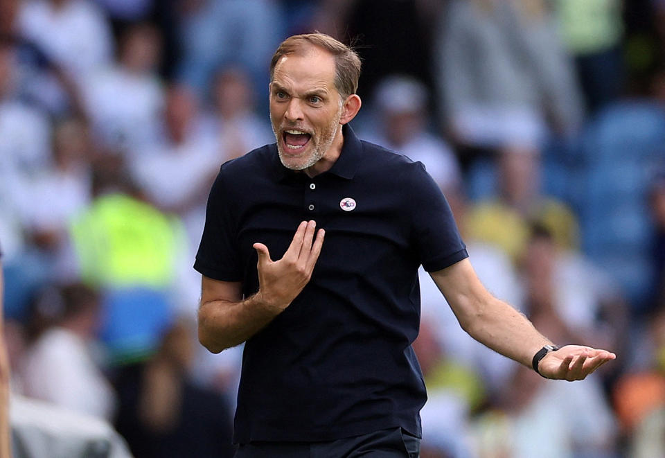 Chelsea manager Thomas Tuchel at the touchline against Leeds in the English Premier League. 