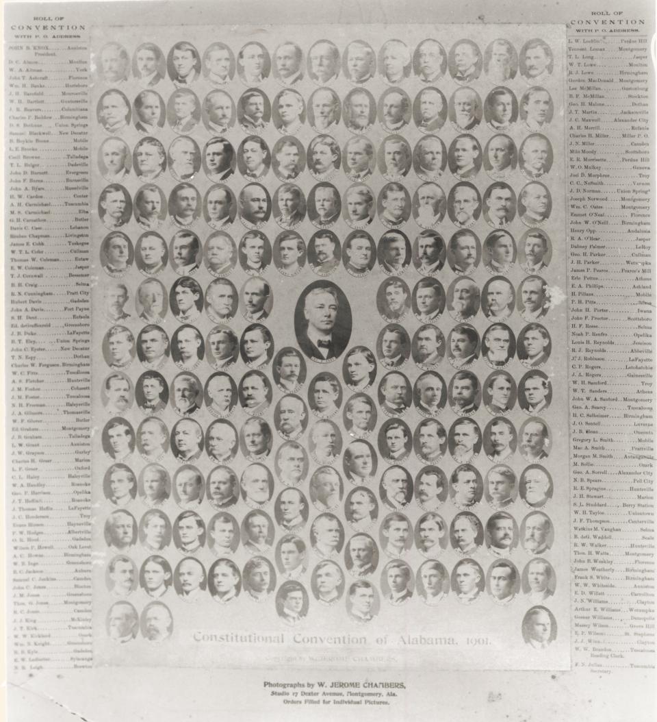 This print shows the delegates to the 1901 Alabama constitutional convention. The all-white convention, convened through fraud, approved a constitution that denied voting rights to most Black Alabamians and poor whites.