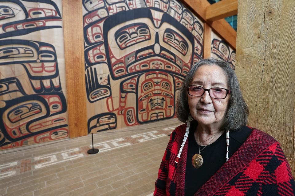 Rosita Worl is president of the Sealaska Heritage Institute in Juneau, Alaska. The art in the background represents the four major clans of Alaska Natives. Aug. 25, 2023.