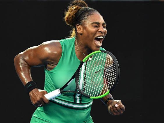 Serena Williams celebrates after defeating world No 1 Simona Halep to reach the Australian Open quarter-finals (AFP/Getty)