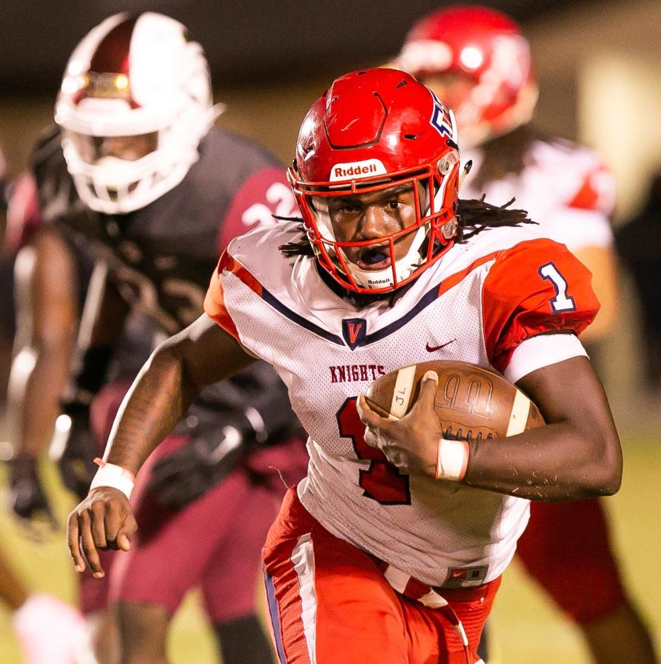 Vanguard Knights Fred Gaskin (1) drives up field to a score in the first half. The North Marion Colts hosted the Vanguard Knights at North Marion High School in Citra, FL on Friday, October 6, 2023. [Doug Engle/Ocala Star Banner]