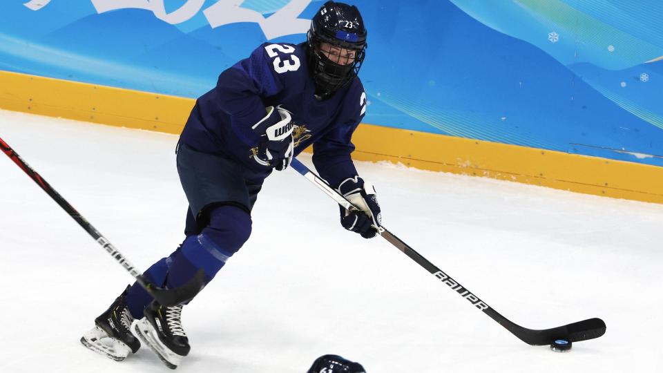 BEIJING, CHINA - FEBRUARY 08: Sanni Hakala #23 of Team Finland in action during the Women's Preliminary Round Group A match at National Indoor Stadium on February 08, 2022 in Beijing, China. (Photo by Xavier Laine/Getty Images)
