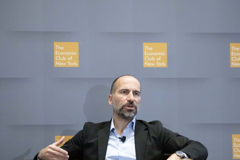 FILE PHOTO: Uber CEO Dara Khosrowshahi speaks during a meeting with the Economic Club of New York in New York City