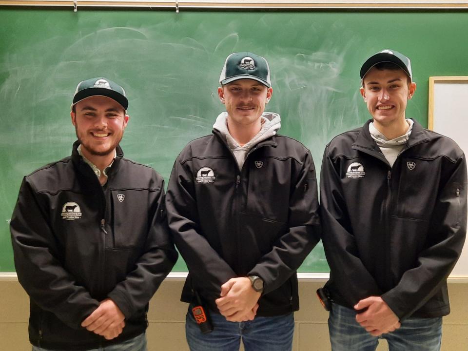While team members hustled during the beef show to keep the moving parts working, three co-chairmen of the committee paused for a quick photo during the February show. Pictured from left are co-chairmen Logan Leen, Ty Finegan, of Jonesville, and Harrison Hautau. Co-chairs missing from the photo were Nate Scovill and Daniel Jackson.