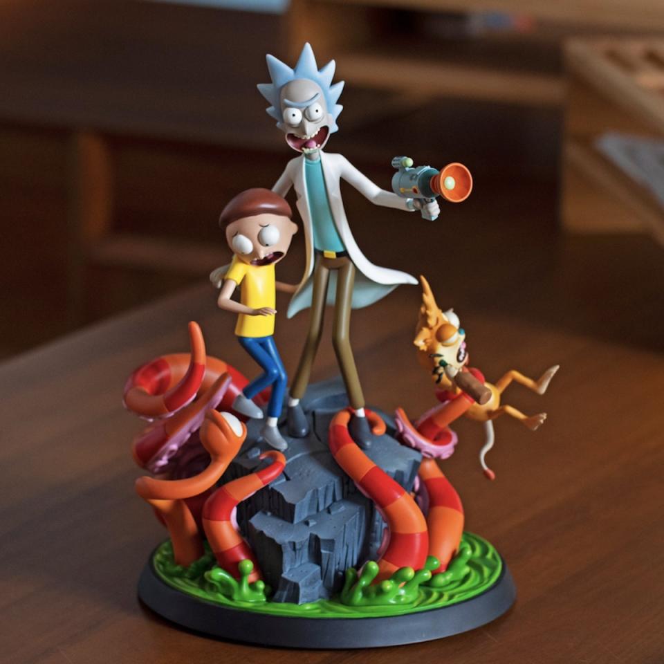 A Rick and Morty statue with tentacles and Squanchy from Mondo