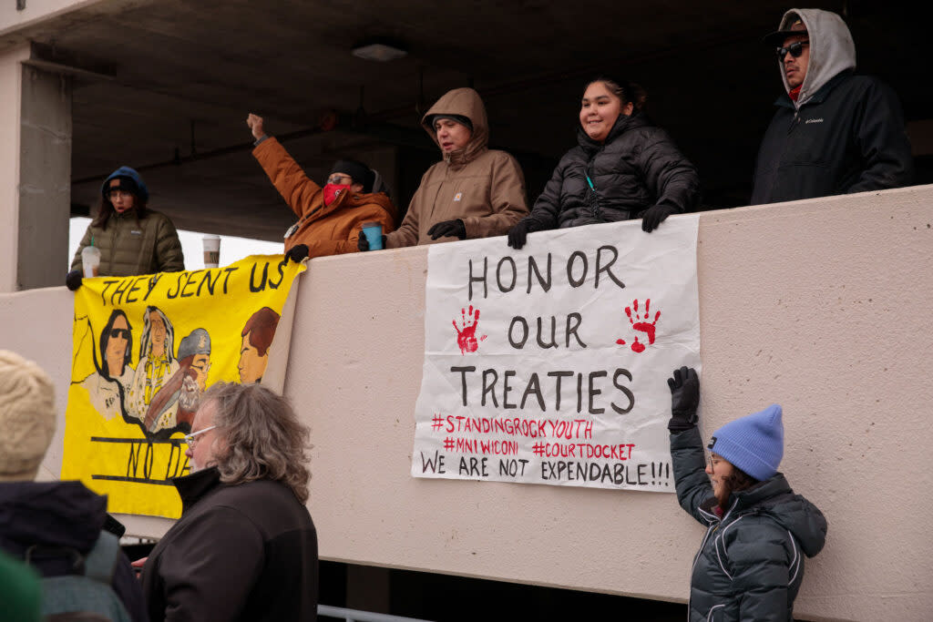 Opponents of the Dakota Access Pipeline gather Nov. 1, 2023, in Bismarck ahead of a public meeting on an environmental impact statement. (Kyle Martin/For the North Dakota Monitor)