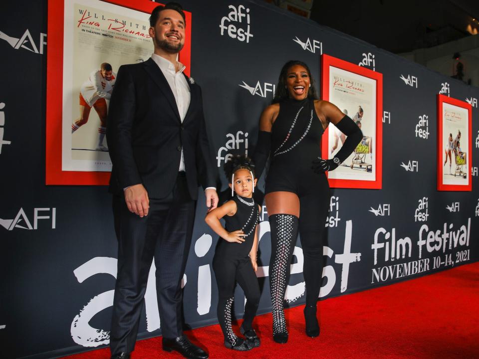 Serena Williams (right) and her daughter, Olympia Ohanian, wearing matching outfits on the red carpet at the "King Richard" premiere.