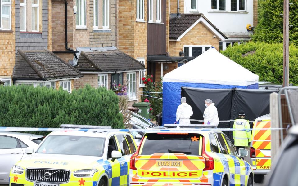 Police at the scene of the attack at the Hunt family home in Bushey