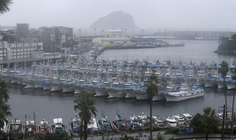 Fishing boats are anchored in port as Typhoon Lingling approaches to Korean peninsular on Jeju Island, South Korea, Friday, Sept. 6, 2019. (Byun Ji-chul/Yonhap via AP)