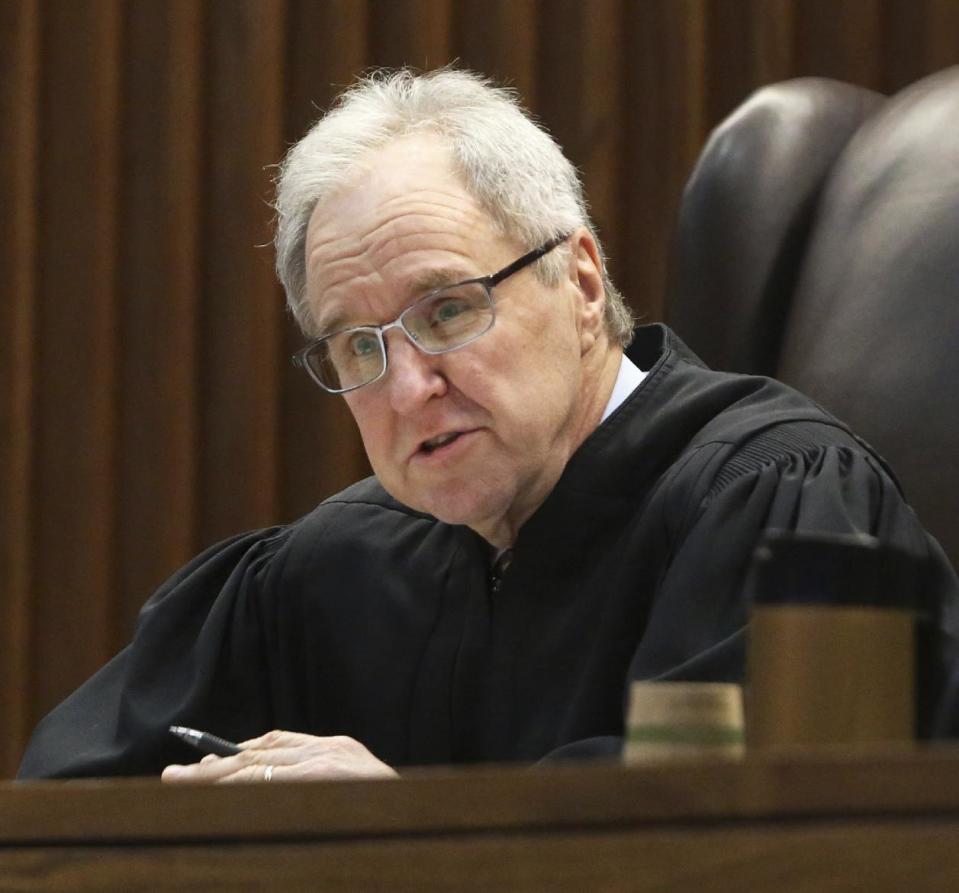 Kansas Supreme Court Justice Eric Rosen asks questions Thursday, March 16, 2017, during oral arguments in a legal fight over a state law banning a second-trimester abortion procedure and the larger question of whether the state constitution's Bill of Rights offered a fundamental right to an abortion.(Thad Allton/The Topeka Capital-Journal via AP, Pool)