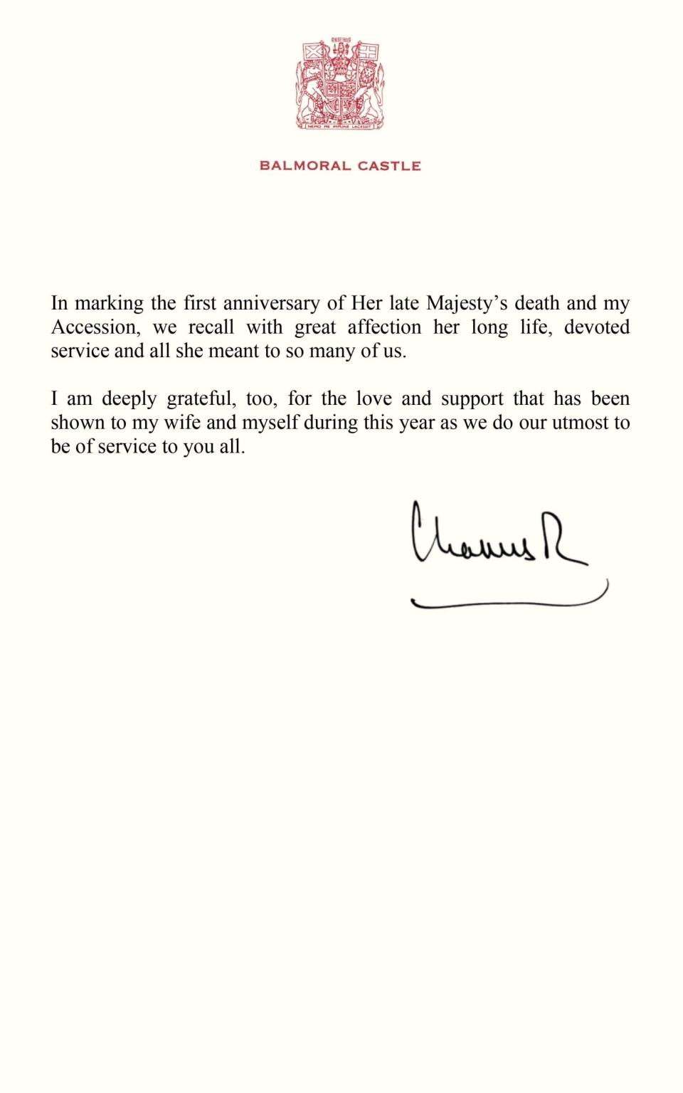 Handout image issued by Buckingham Palace of the message written by King Charles III on the first anniversary of the late Queen Elizabeth II's passing