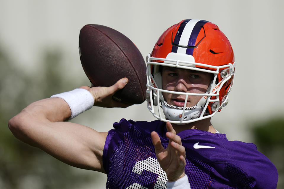 Clemson Tigers quarterback Cade Klubnik (2) throws a pass during a practice session ahead of the 2022 Orange Bowl, Wednesday, Dec. 28, 2022, in Fort Lauderdale, Fla. Clemson will face the Tennessee Volunteers in the Orange Bowl on Friday, Dec. 30. (AP Photo/Rebecca Blackwell)