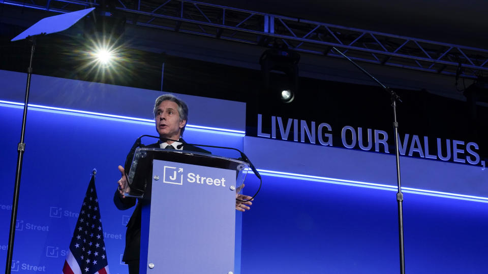 Secretary of State Antony Blinken speaks at the J Street National Conference at the Omni Shoreham Hotel in Washington, Sunday, Dec. 4, 2022. (AP Photo/Carolyn Kaster)