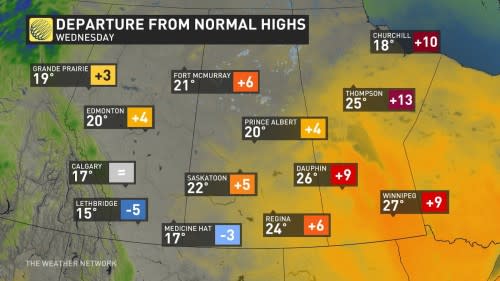 Prairies Wednesday departure from normal highs Sept 15 2024