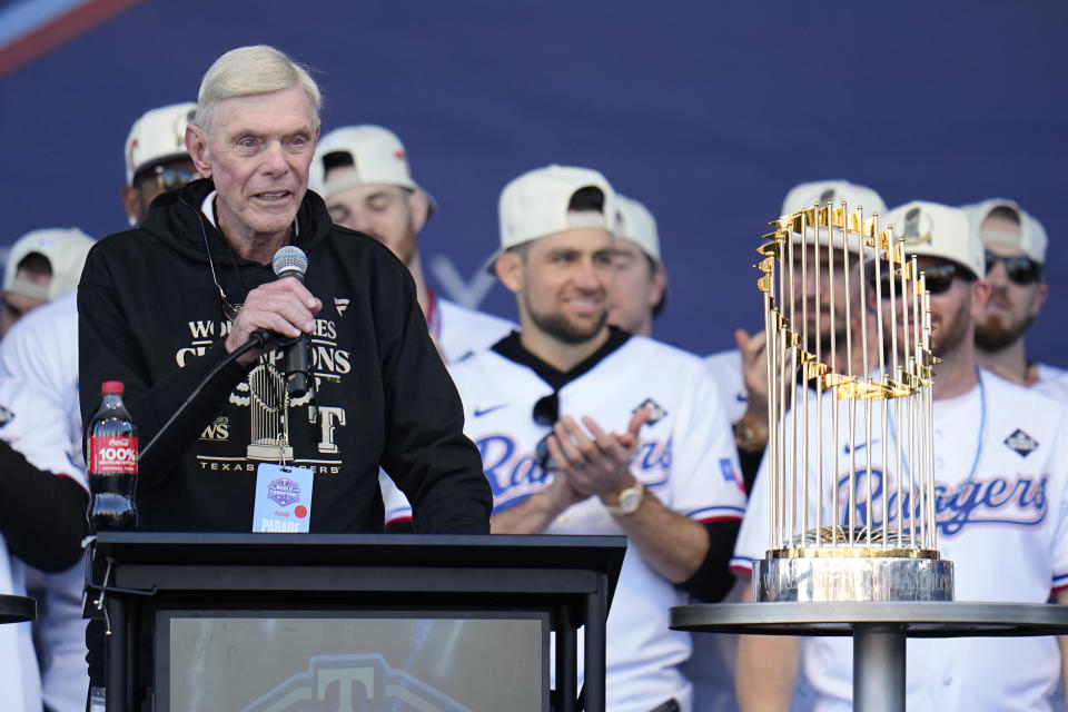 FILE - Texas Rangers owner Ray Davis speaks following a baseball World Series championship parade, Friday, Nov. 3, 2023, in Arlington, Texas. The Texas Rangers have frustrated LGBTQ+ advocates for years as the only Major League Baseball team without a Pride Night. The June celebration of LGBTQ+ culture and rights known as Pride Month will come and go again without the Rangers participating. (AP Photo/Julio Cortez, File)