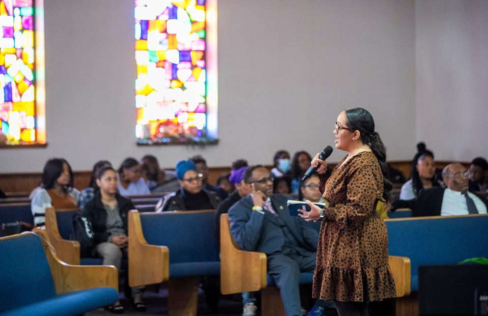 Cecilia "Cece" Carroll speaks to the congregation at Family Missionary Baptist Church during a special Easter performance held this year on Palm Sunday, March 24.