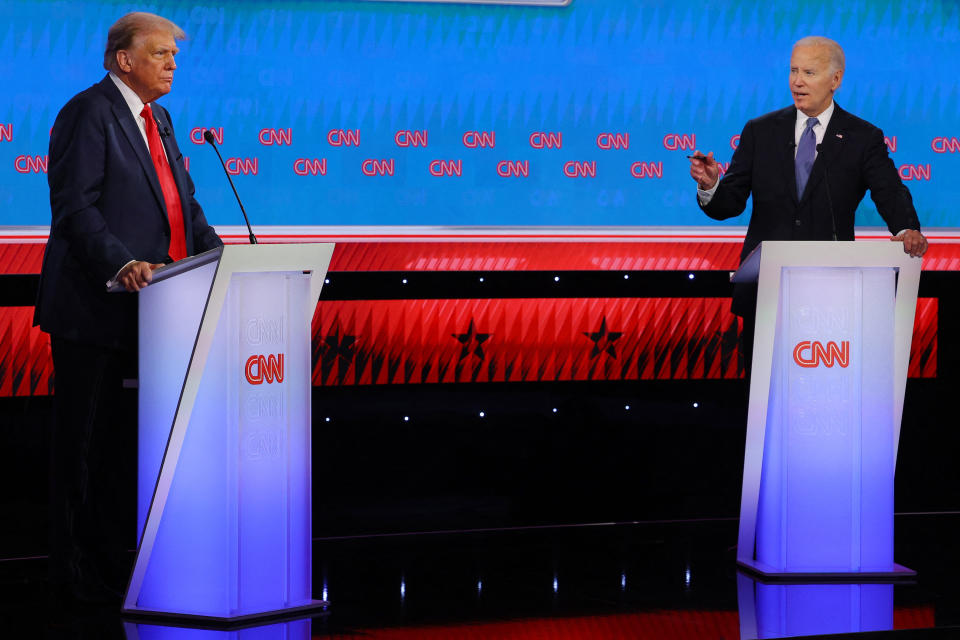 美國大選首場辯論登場，拜登、川普再度對決。圖片來源：REUTERS/Brian Snyder
