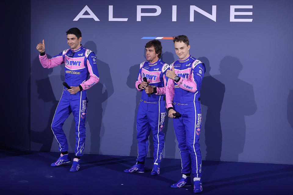 Esteban Ocon, Fernando Alonso and Oscar Piastri, pictured here at the launch of the new A522 BWT Alpine F1 car.