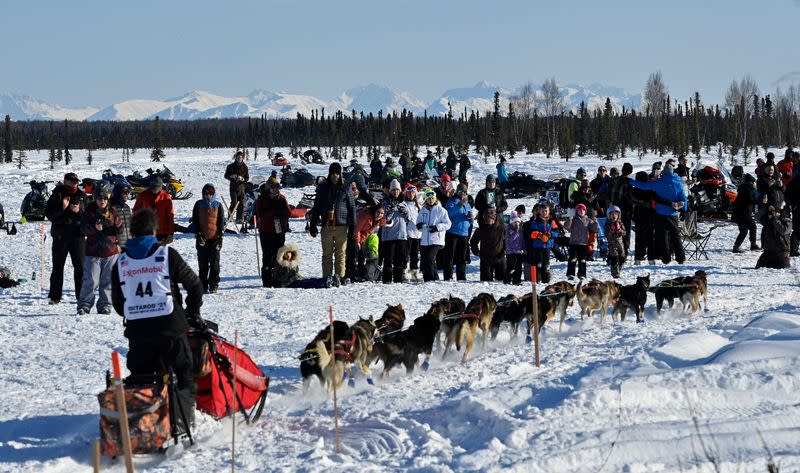 Fans watch musher Jessie Holmes leave the Iditarod Sled Dog Race starting area