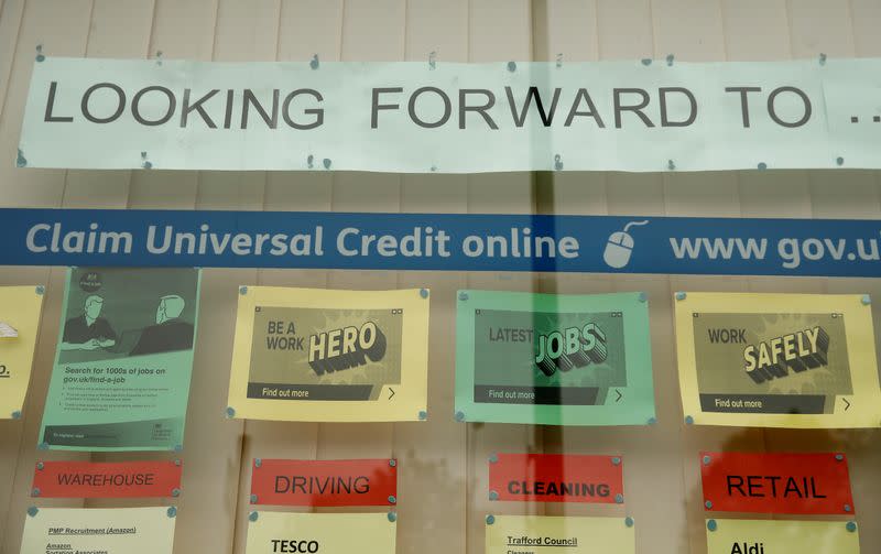 Job adverts are seen in the window of a job centre following the outbreak of the coronavirus disease (COVID-19), in Manchester