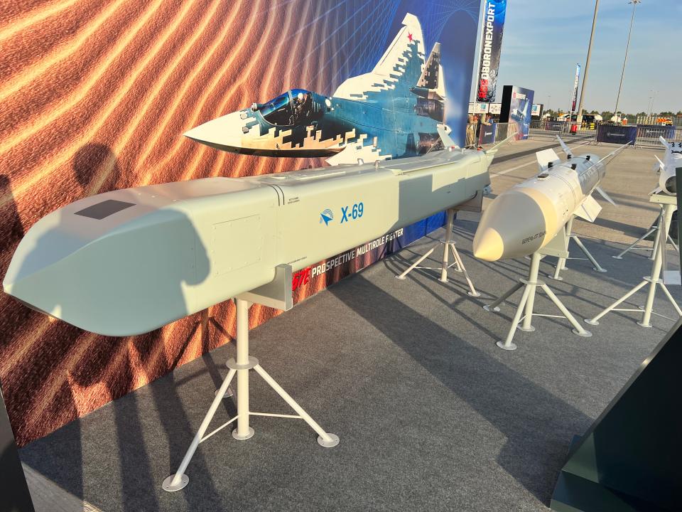 Three Russian missiles on display at the Dubai Airshow: a KH-69; RVV-BD; and RVV-MD2