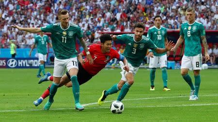 Soccer Football - World Cup - Group F - South Korea vs Germany - Kazan Arena, Kazan, Russia - June 27, 2018 South Korea's Son Heung-min in action with Germany's Marco Reus and Jonas Hector REUTERS/Pilar Olivares