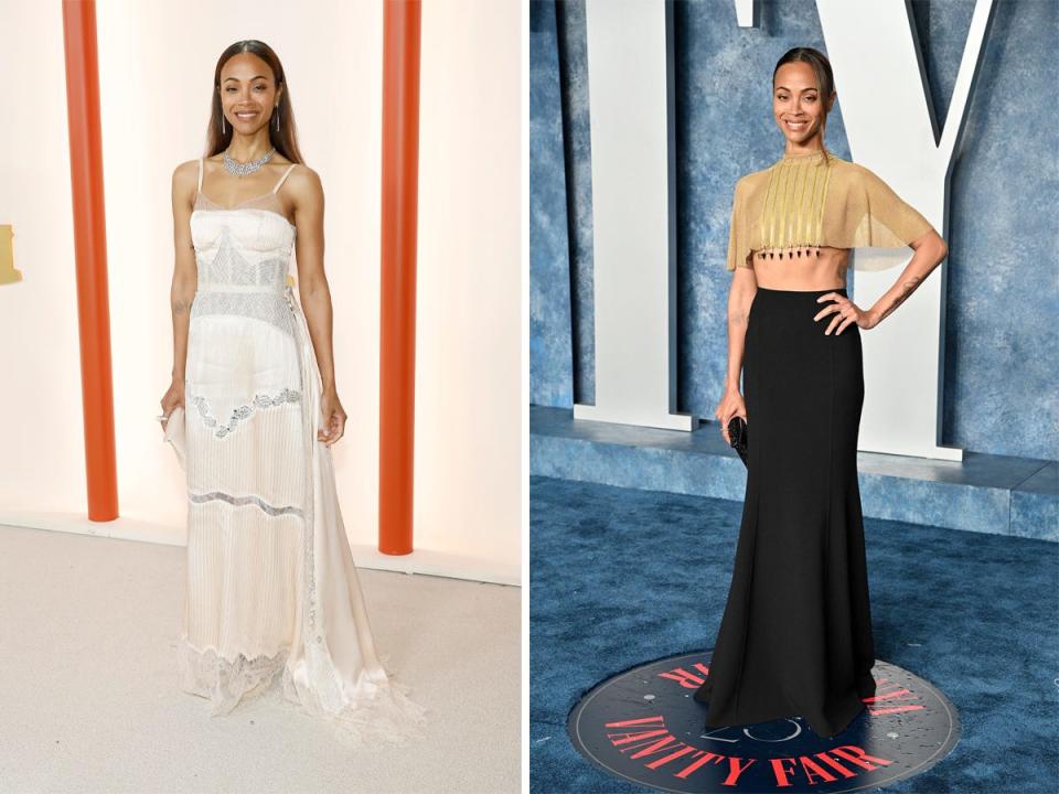 A side-by-side of Zoe Saldana at the Oscars and the Vanity Fair Oscars After Party in 2023.