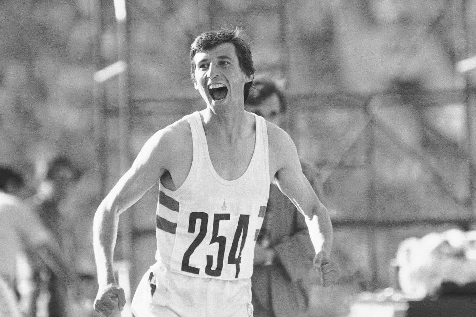 FILE - Britain's Sebastian Coe celebrates his victorious finish in the men's 1,500-meter race on Friday, August 1, 1980 at the Moscow Olympics in Moscow. (AP Photo, File)