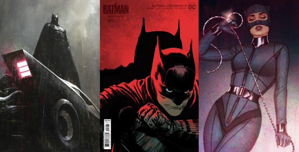 Three variant covers for DC Comics issues with art inspired by The Batman starring Robert Pattinson