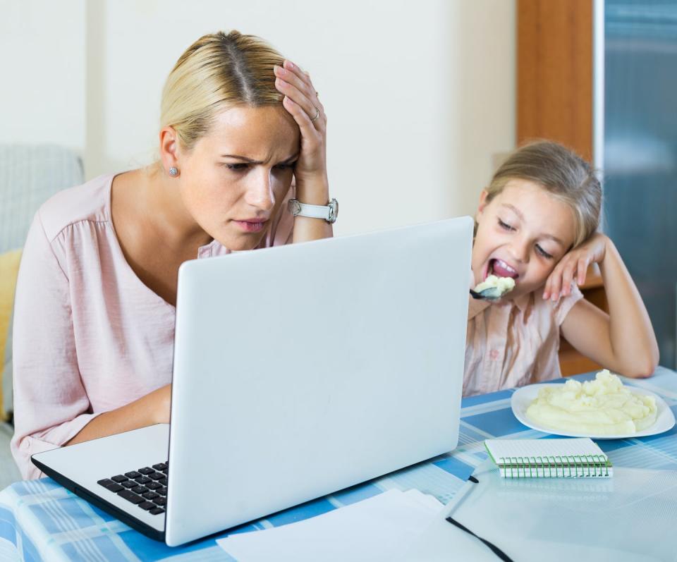 <span class="caption">Social media = stress.</span> <span class="attribution"><a class="link " href="http://www.shutterstock.com/pic-336621674/stock-photo-stressed-woman-working-from-home-little-daughter-asking-for-attention-focus-on-woman.html?src=6P44fhHD2_IJI2n4r8BS3Q-1-5" rel="nofollow noopener" target="_blank" data-ylk="slk:Mother with laptop via www.shutterstock.com.;elm:context_link;itc:0;sec:content-canvas">Mother with laptop via www.shutterstock.com.</a></span>