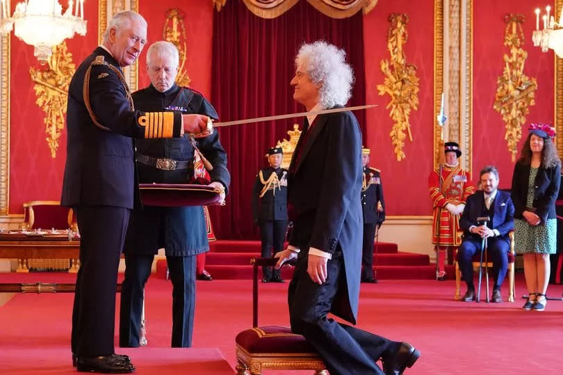 Sir Dr. Brian May, musician, songwriter and animal Welfare Advocate, from Windlesham, is made a Knight Bachelor by King Charles III at Buckingham Palace.