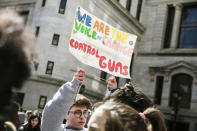 <p>A student holds up a sign in the City Hall courtyard during a school walkout to protest gun violence on Friday, April 20, 2018. Thousands of protests were planned across the country Friday on the 19th anniversary of the Columbine High School shooting. (Photo: Sydney Schaefer/The Philadelphia Inquirer via AP) </p>