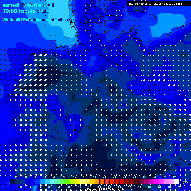 Die „gefühlten“ Temperaturen am Samstagabend: Sie liegen teilweise bei bis zu minus 20°C, in den Alpen sogar bei minus 25°C, Quelle: meteociel.fr