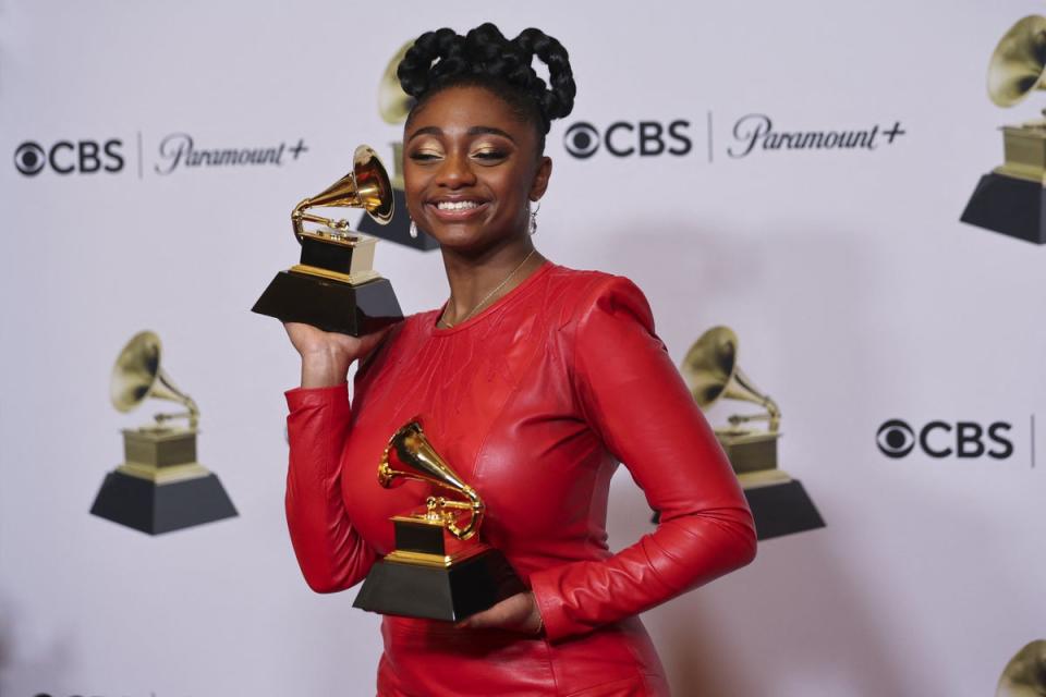 Samara Joy poses with her awards for Best Jazz Vocal Album and Best New Artist (REUTERS)